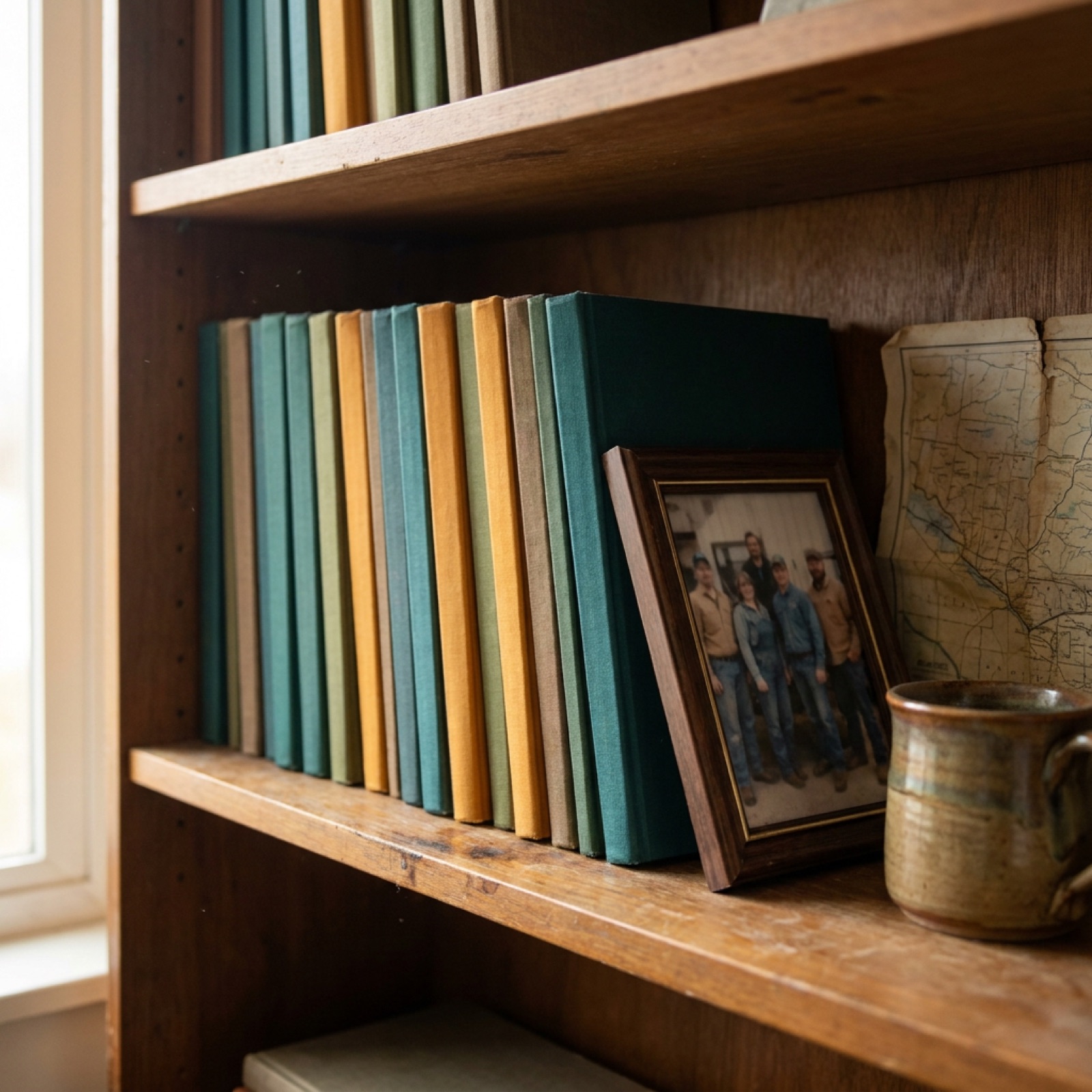 A shelf of Commonfield practice journals from the past two decades beside a framed photo of the founding meeting