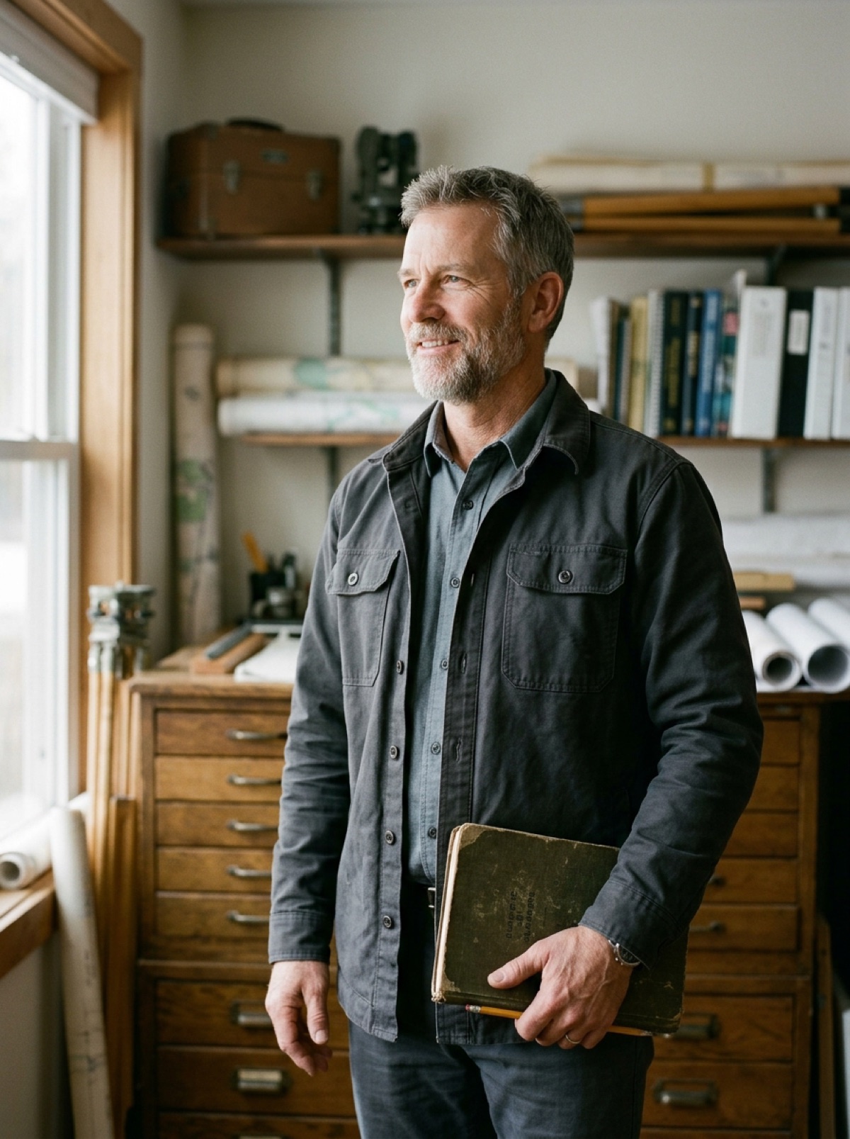 Tomas Reinholt, Board Chair, holding a field notebook in a surveying office, with plan drawers and rolled drawings behind him.