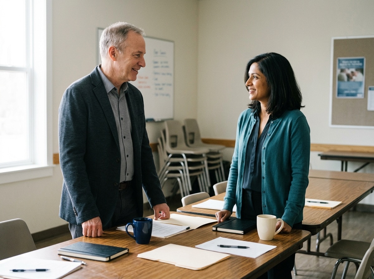 Outgoing chair Owen Castellano and incoming chair Priya Raman in conversation at a chapter meeting table.