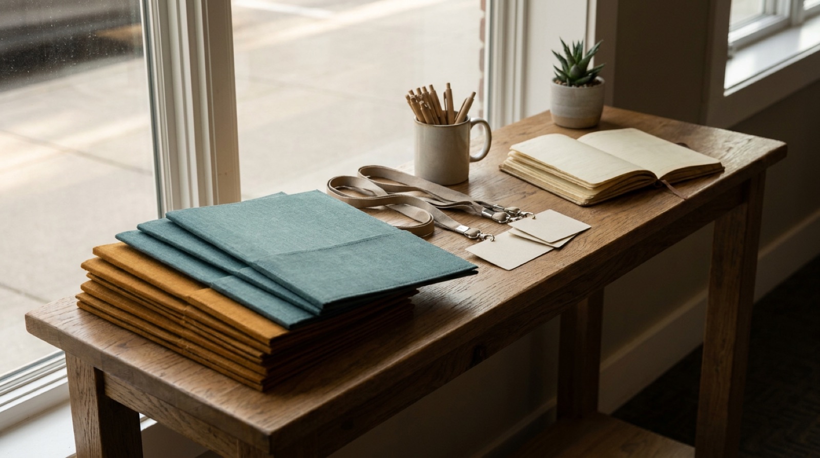 A new-member welcome table at a chapter meeting with folders, name tags and a stack of journals