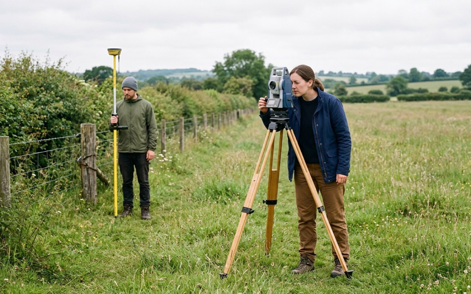 Two surveying professionals performing boundary fieldwork along a rural corridor with a total station and GNSS rover.