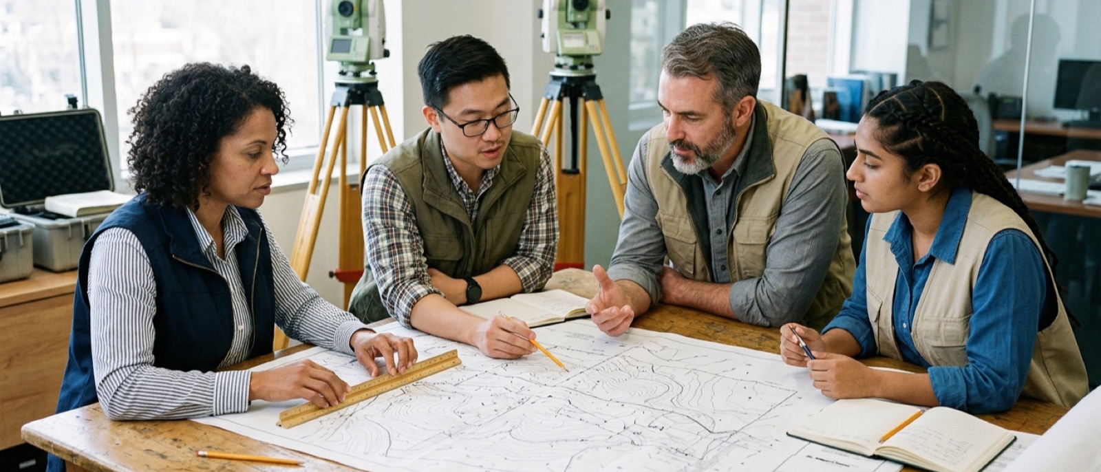 Four surveying and mapping professionals reviewing a large topographic plan, with survey equipment in a sunlit office.