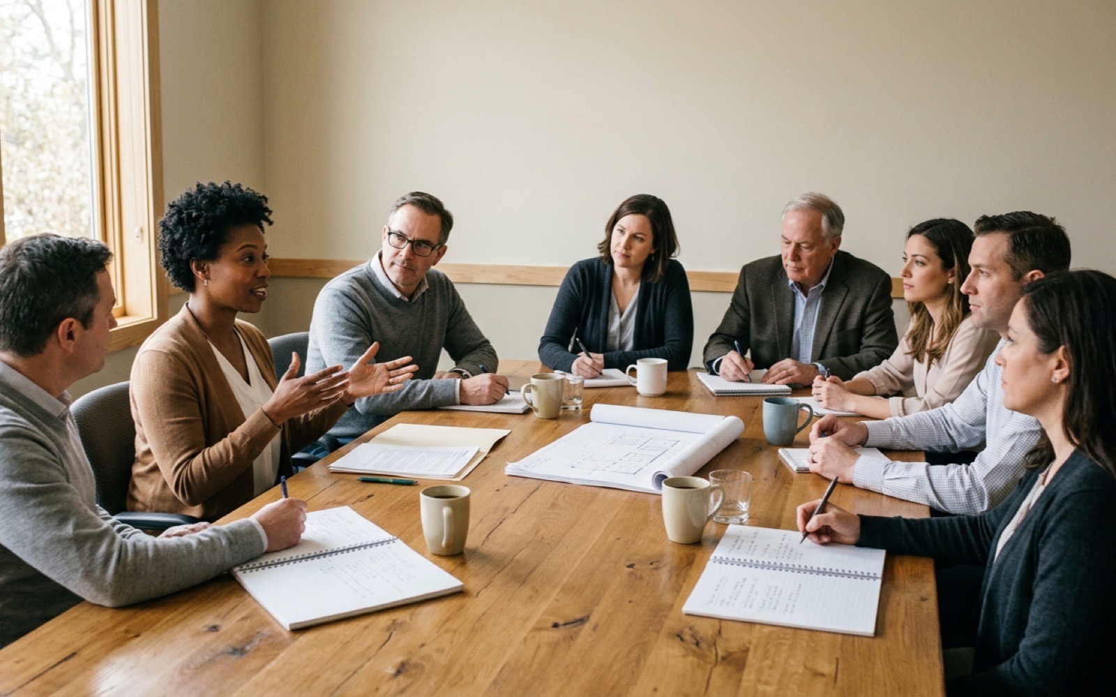 Commonfield Chapter Council members seated around an oak conference table in a working meeting.