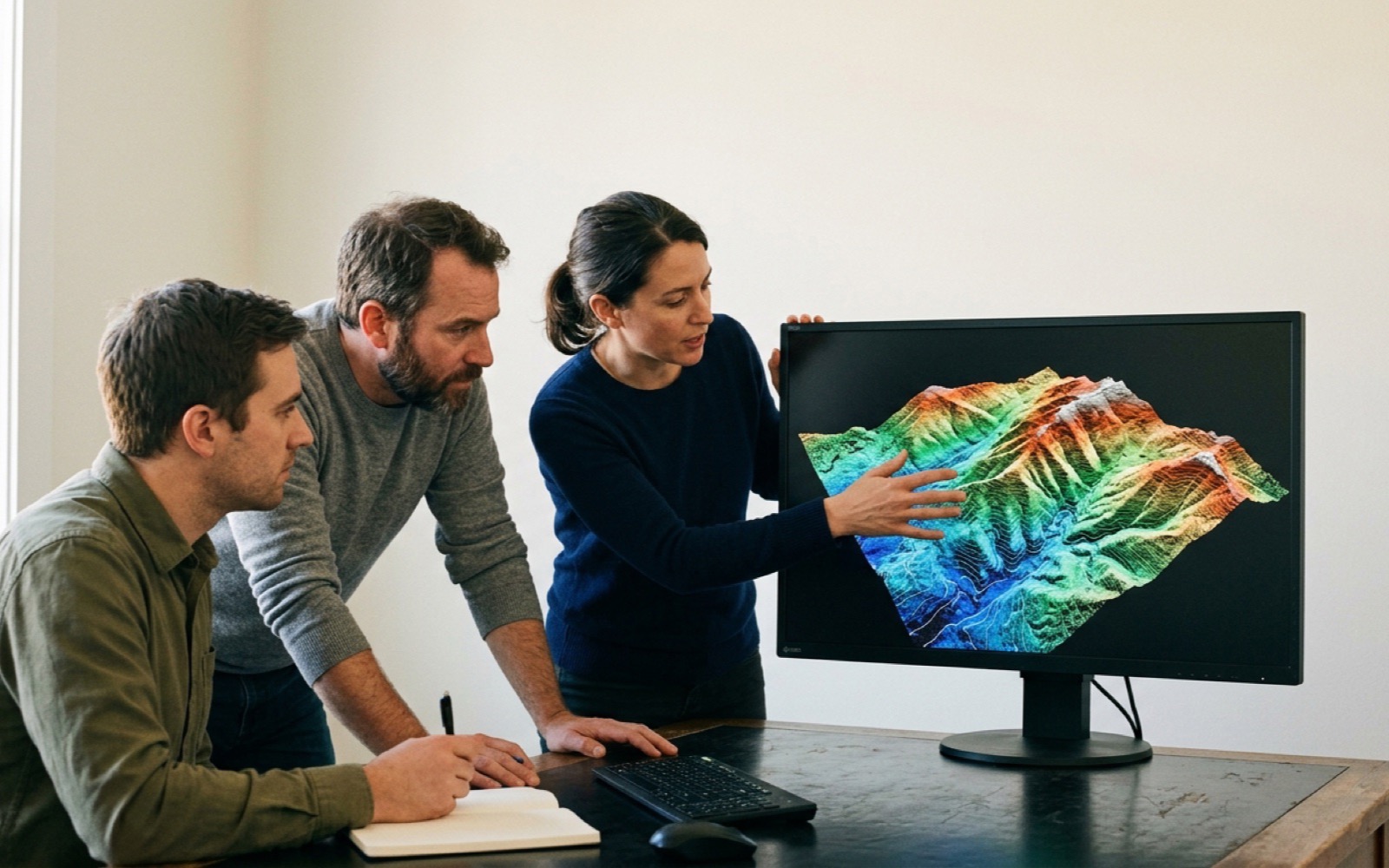 Three geospatial practitioners at a technical workshop reviewing a 3D terrain point cloud on a workstation display.