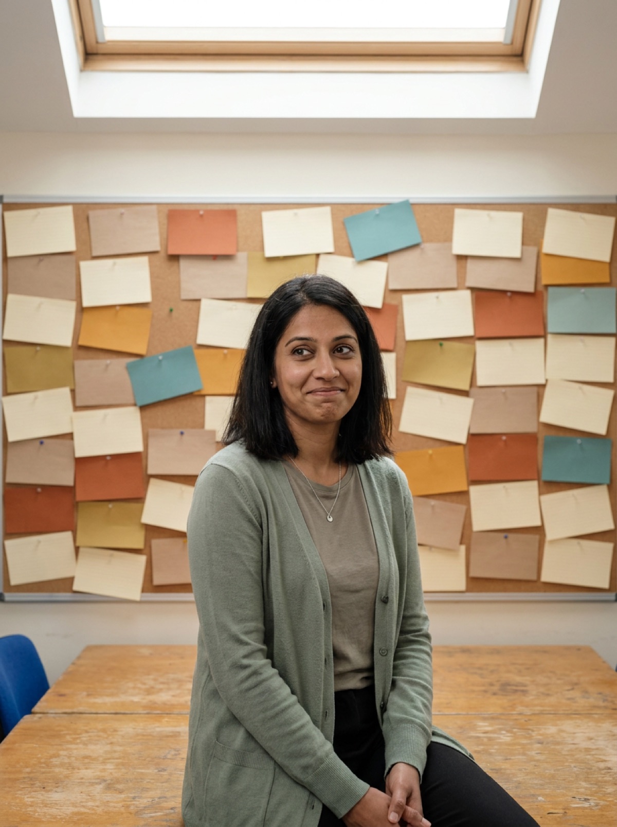 Anjali Deshpande in a classroom with a wall of index cards behind her