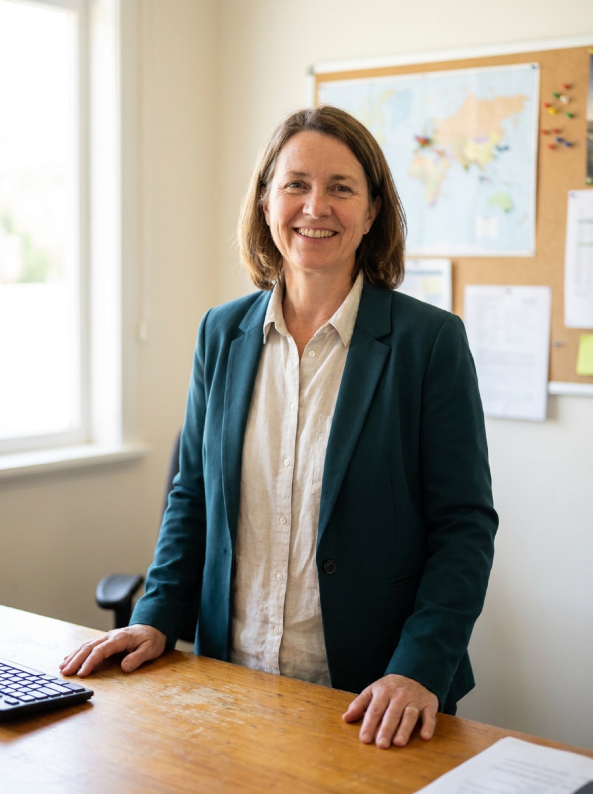 Helena Broussard, executive director, at a standing desk in the association office